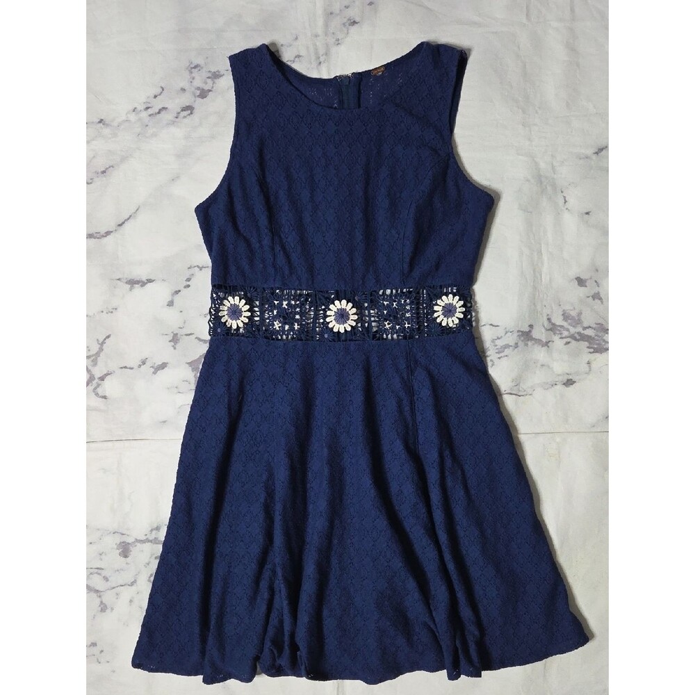 Free People Navy Blue Daisy Floral Cutout Waist Crochet Lace Dress